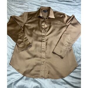 Lauren Ralph Lauren Classic Fit Satin Charmeuse Shirt Tan Gold Womens Small